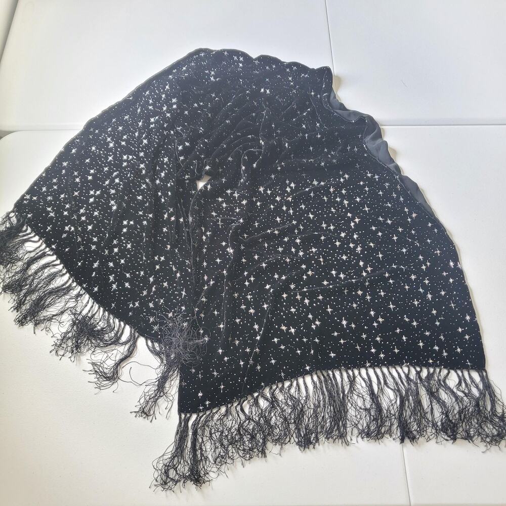 Starry Night Shawl Wrap Womens Black Velvet Fringe Stars Night Court Celestial